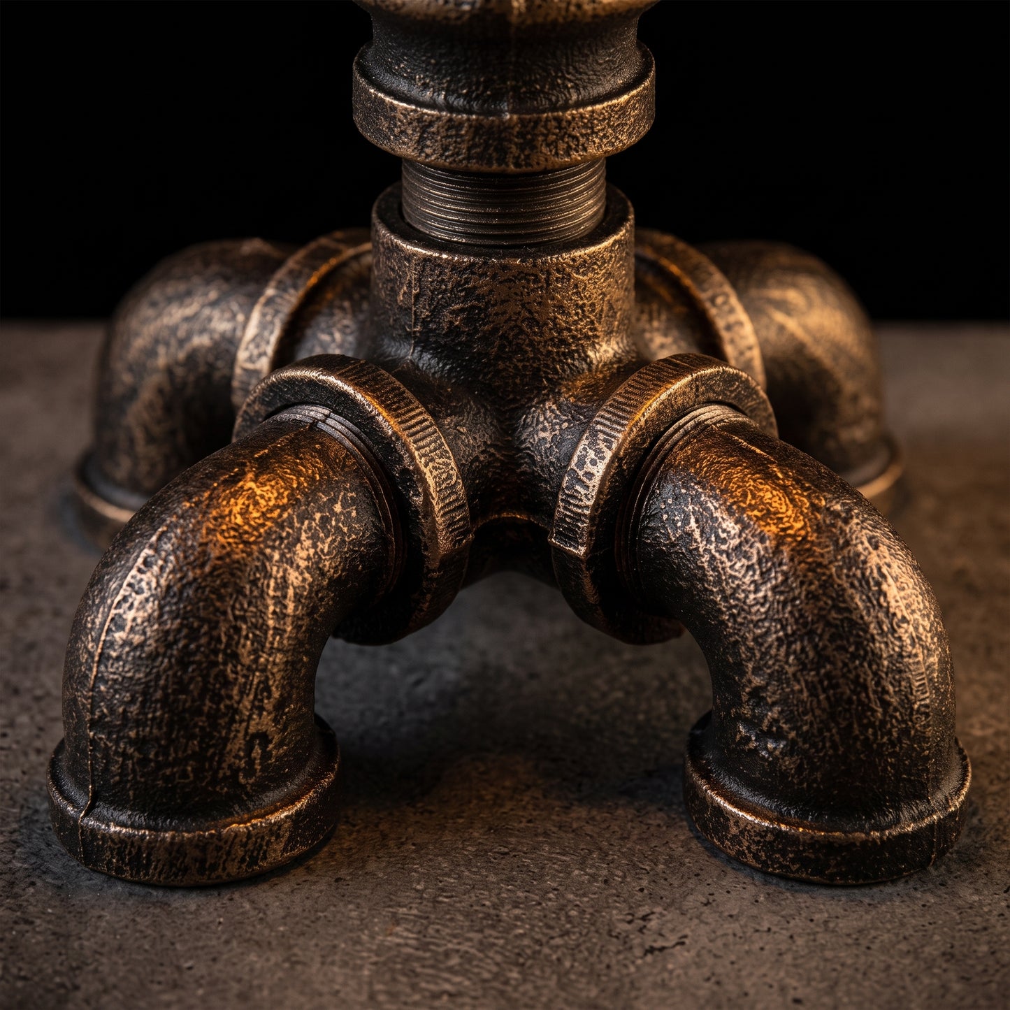 Close-up of the aged iron base and pipe joint on the industrial pipe desk lamp