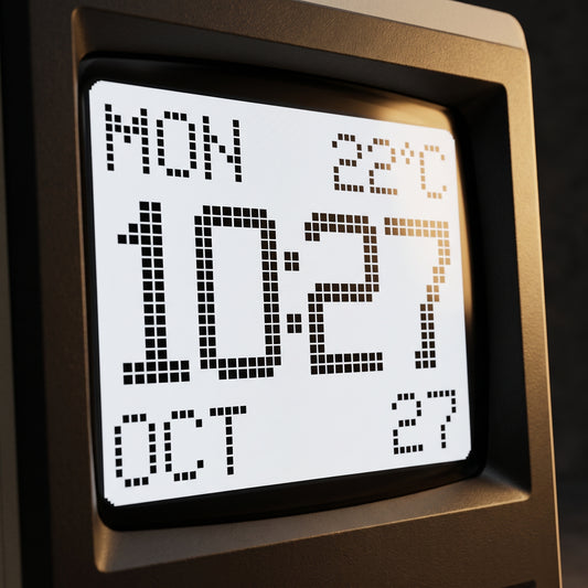 Close-up of the LED time display on the retro keyboard desk clock