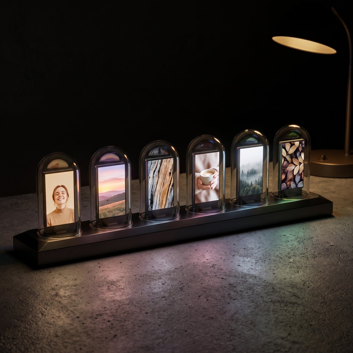 RGB Nixie tube clock on dark surface — glowing digits with soft RGB underglow