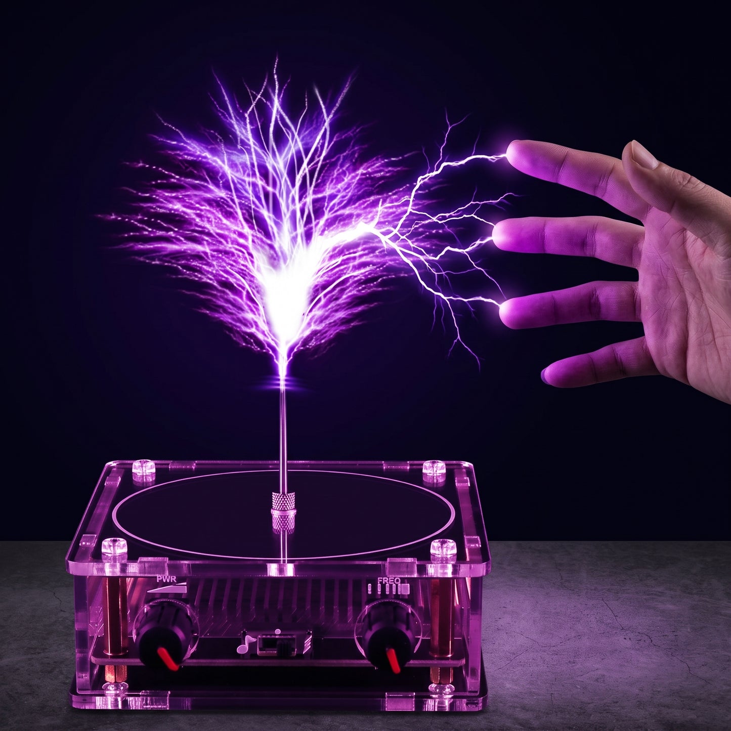 Mini Tesla coil plasma speaker creating plasma arcs while playing music