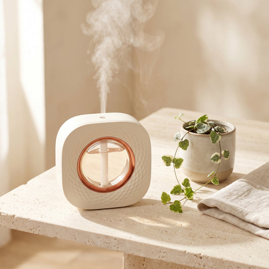 Wall and desk aroma diffuser in white — square body with mist nozzle and USB port