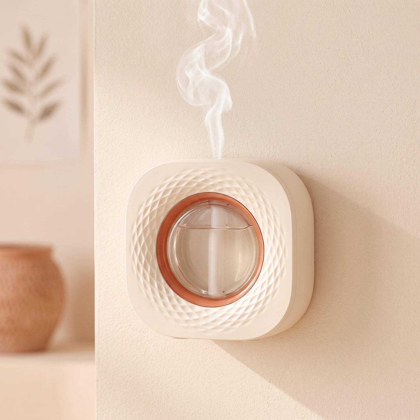 Wall and desk aroma diffuser angled product view showing spray nozzle and controls