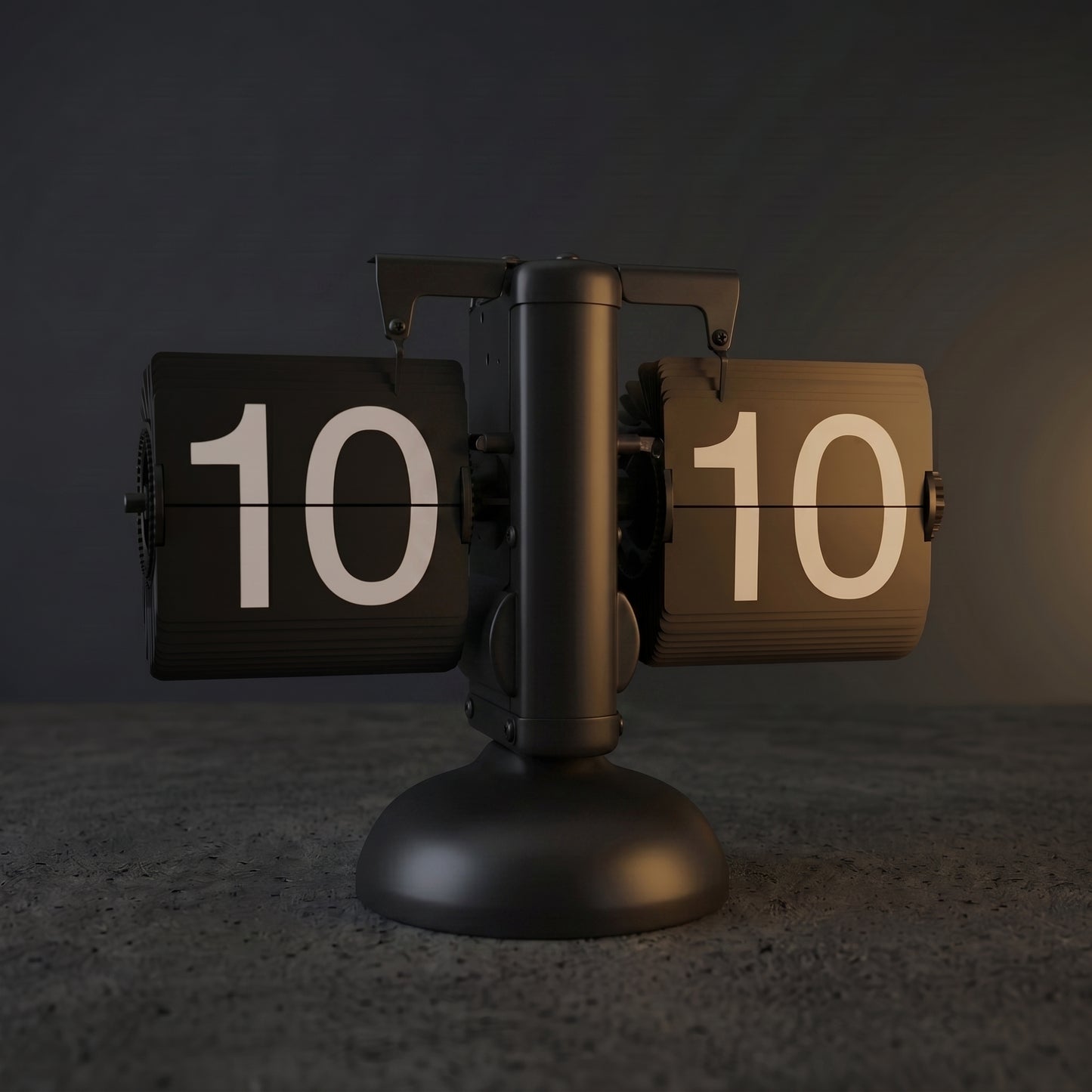 Retro flip clock in grey panel finish — minimal side view