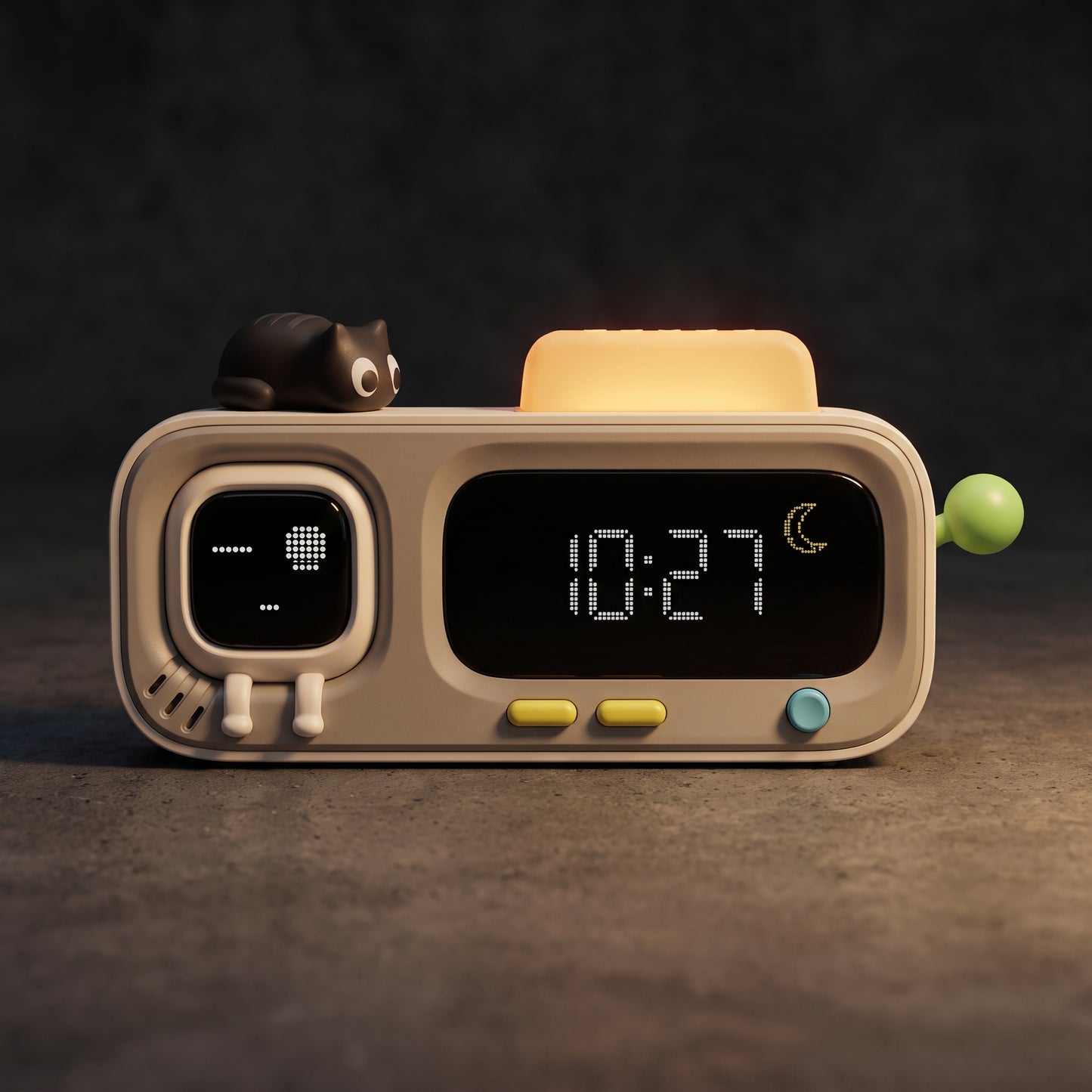 Aura clock displaying weather, time, and humidity — clean ambient LED face