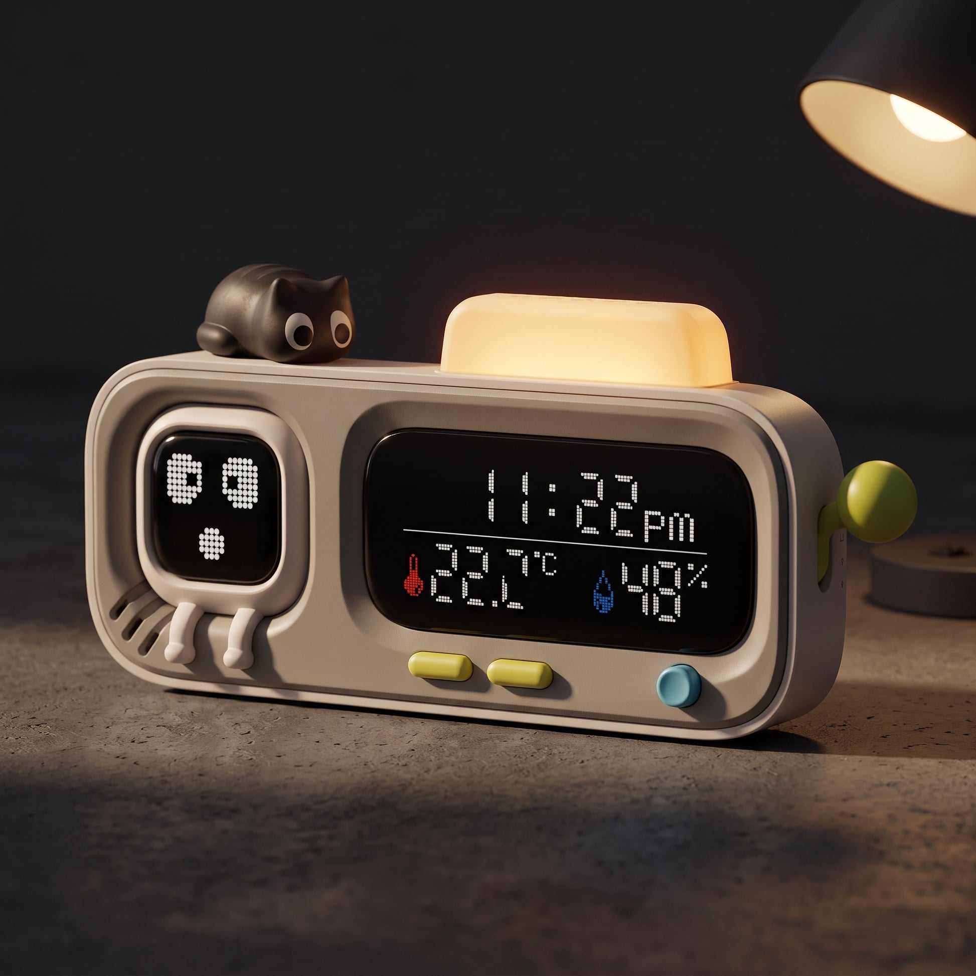 Aura smart desk clock angled view showing full LED display and ambient glow