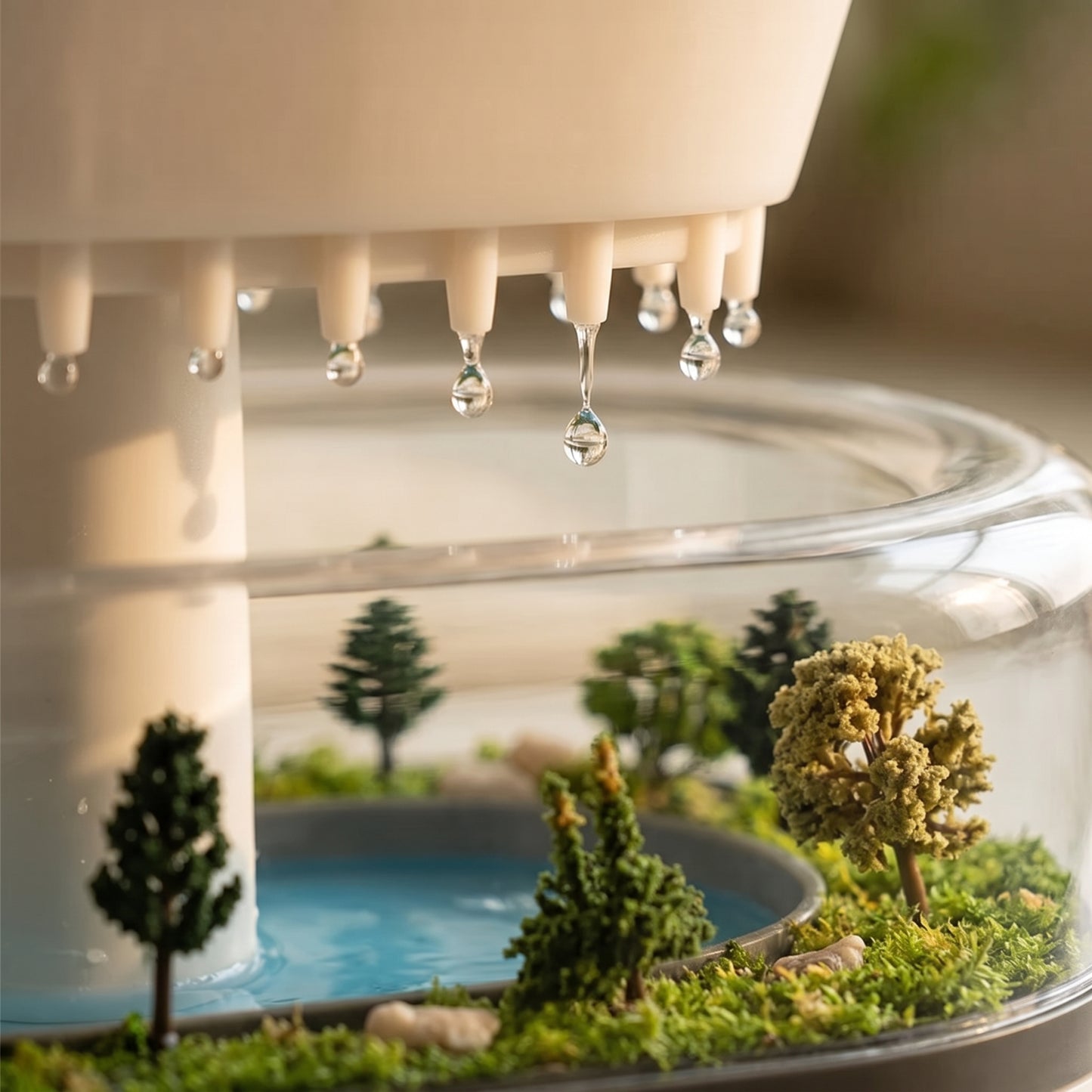 Close-up of the cool mist drops falling from the rain cloud aroma diffuser