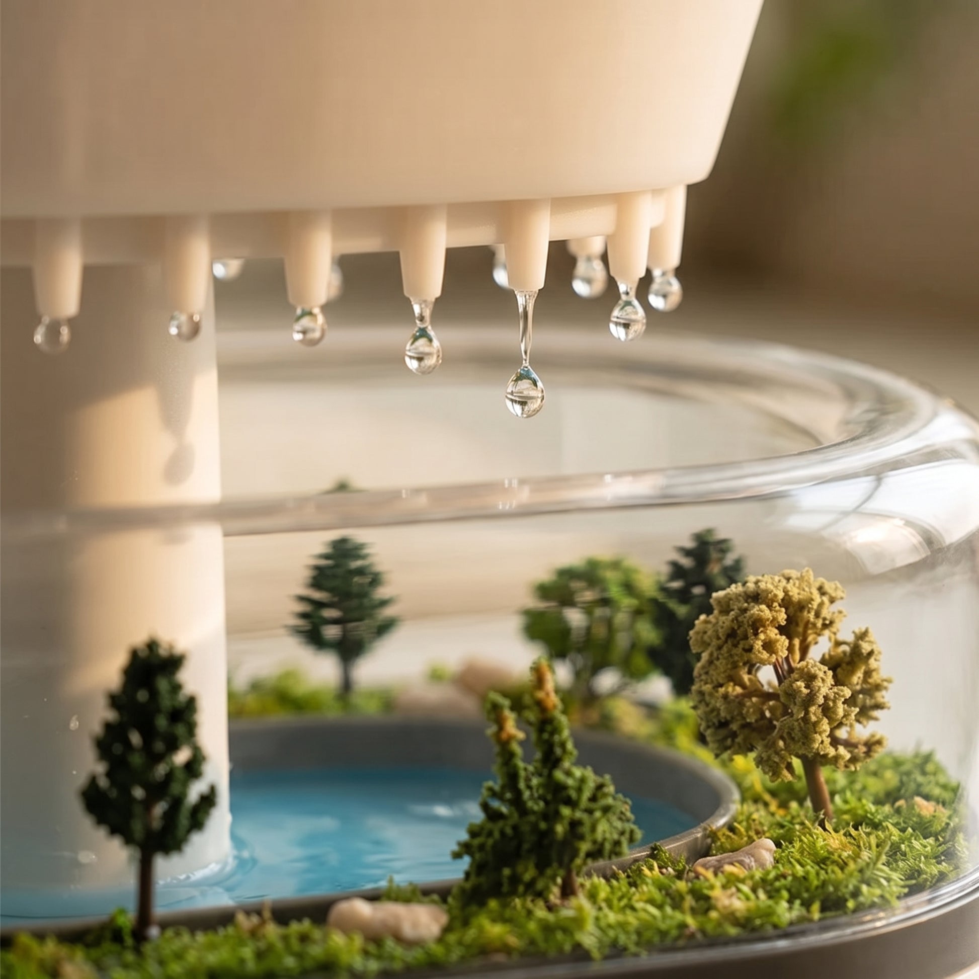 Close-up of the cool mist drops falling from the rain cloud aroma diffuser