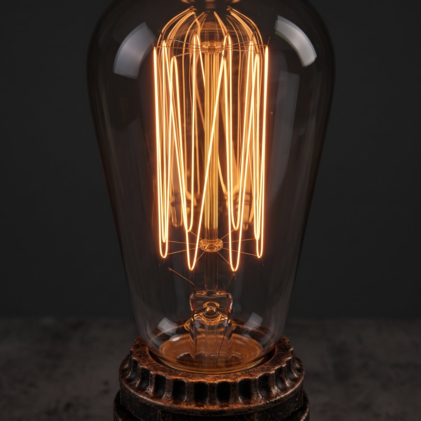 Close-up of the Edison bulb in the industrial pipe desk lamp socket