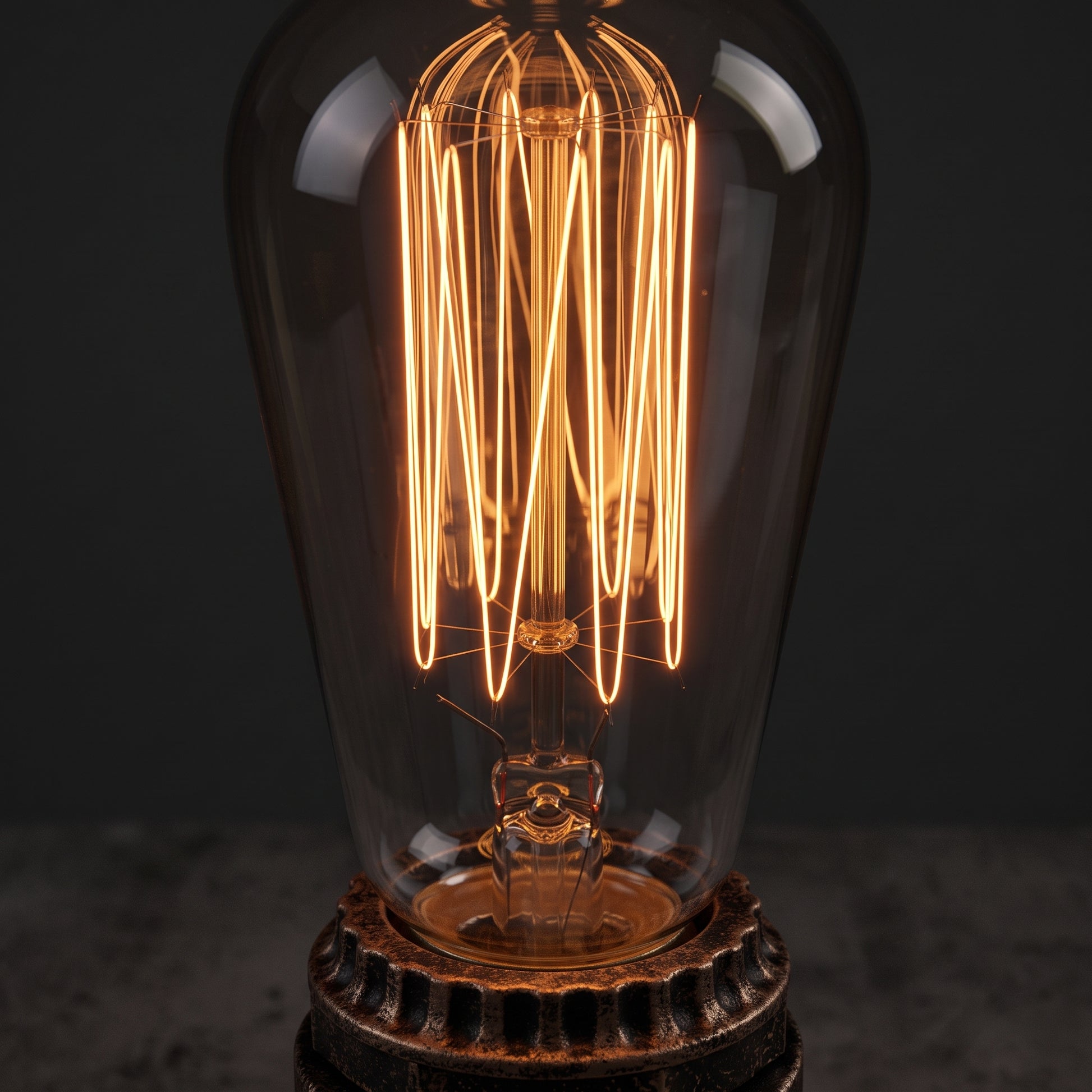 Close-up of the Edison bulb in the industrial pipe desk lamp socket