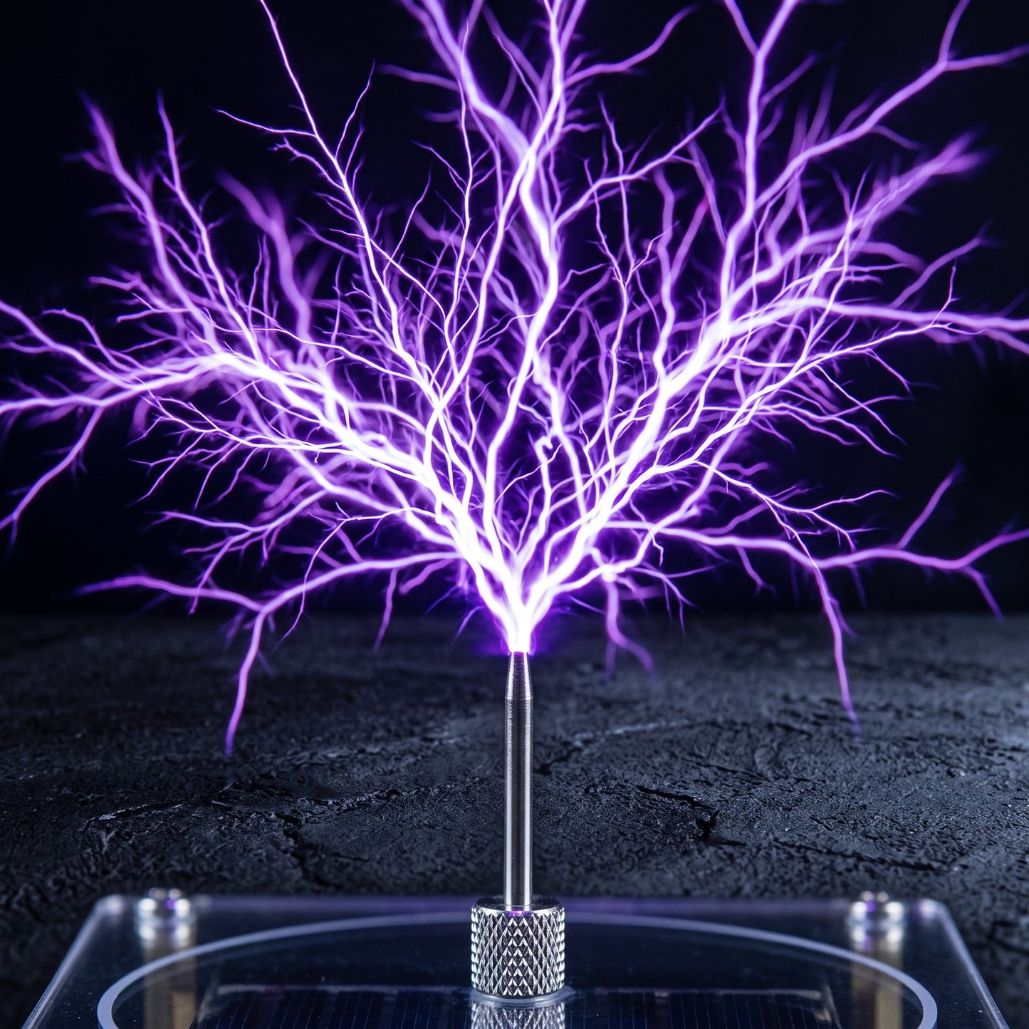 Close-up of the plasma arc on the mini Tesla coil music desk piece