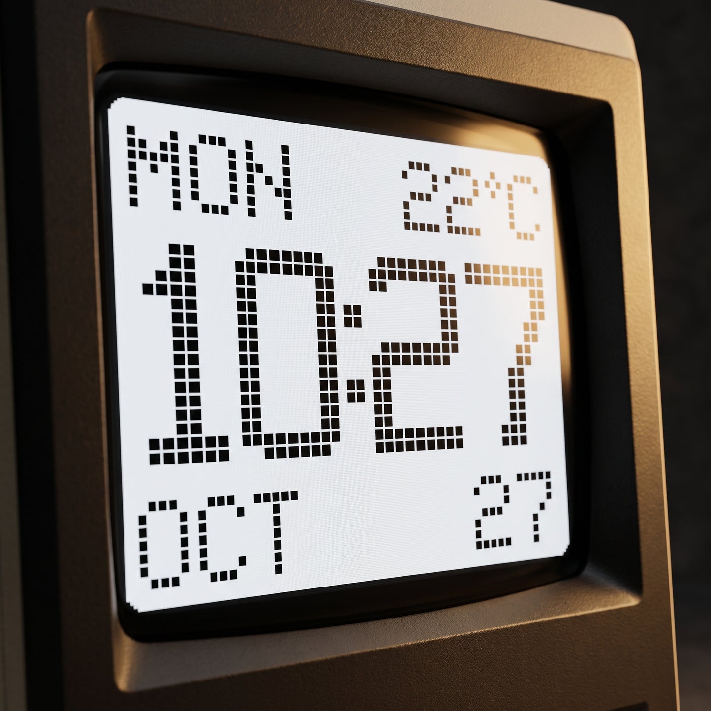 Close-up of the LED time display on the retro keyboard desk clock