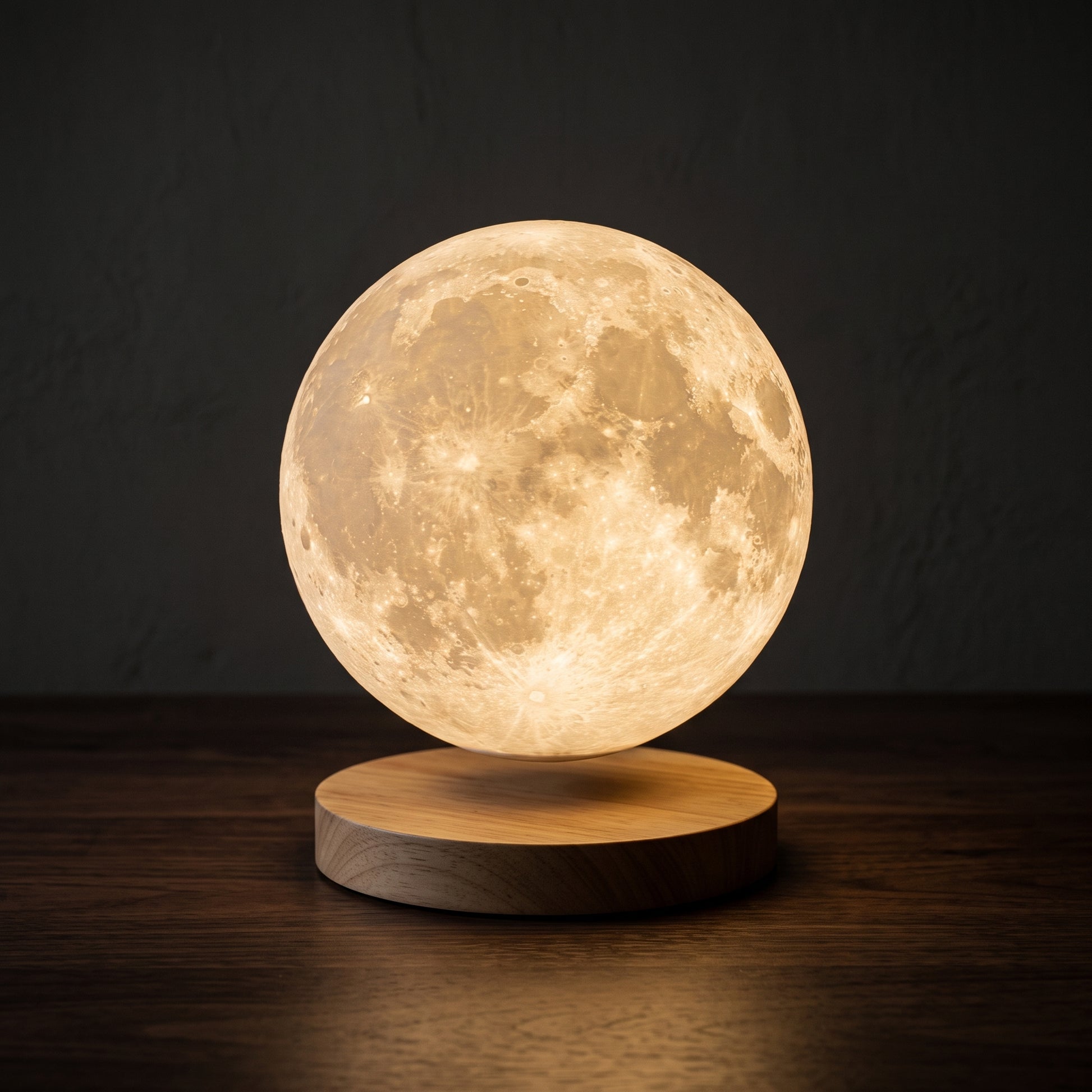 Floating moon lamp levitating above its magnetic base — warm white lunar glow