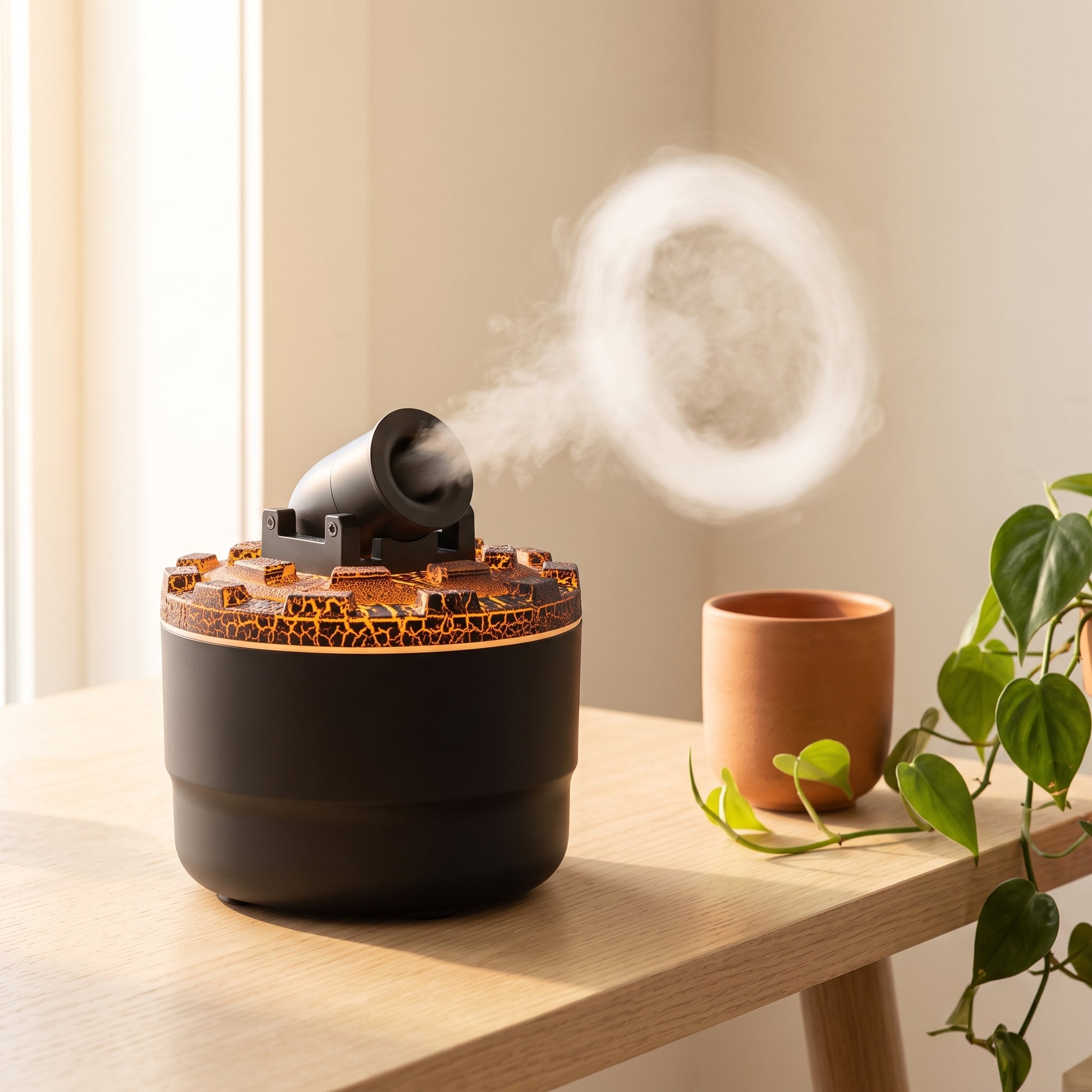 Matte black cannon ring diffuser front view — cordless cylindrical body with ambient LED base