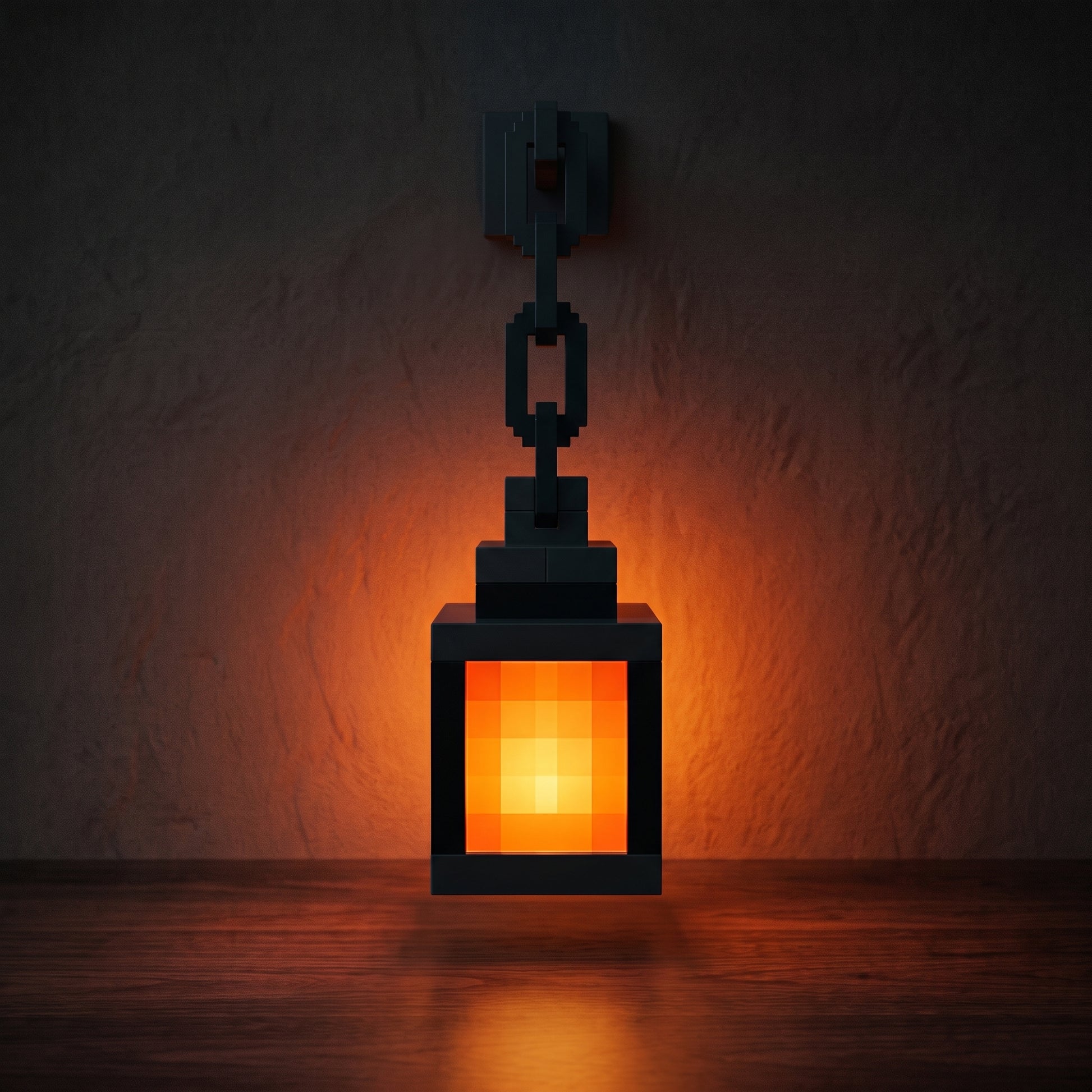 Pixel art night lantern wall-mounted in a dim room showing warm amber pixel glow