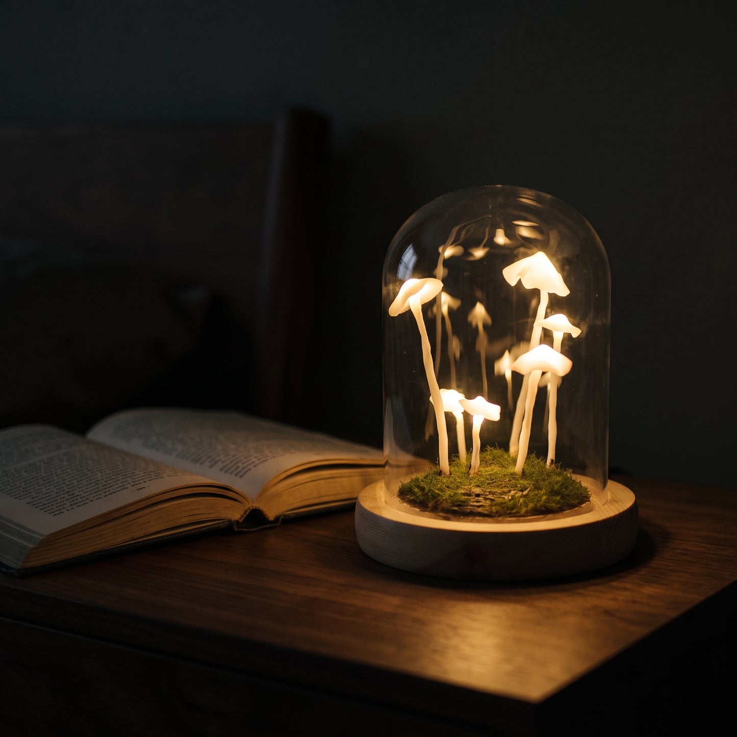Mushroom forest terrarium night light — glass dome with glowing mushroom figures inside
