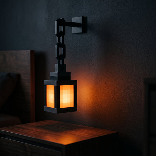 Pixel art night lantern on a wooden shelf — pixel grid design with pink LED