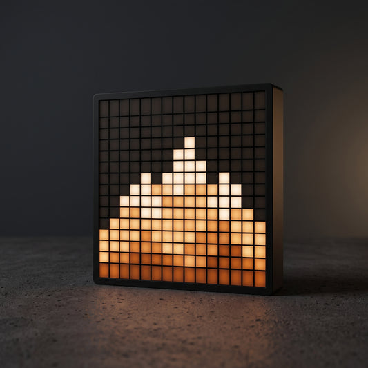 Pixel art Bluetooth LED display on a desk showing custom animation: 16x16 pixel screen