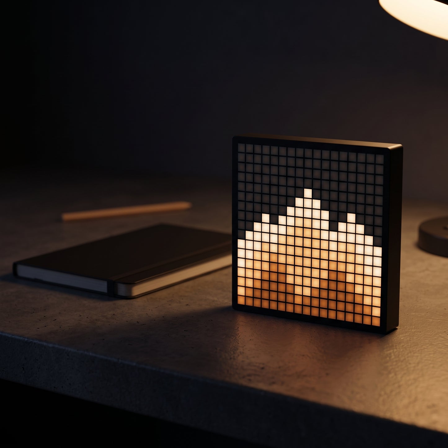 Pixel art Bluetooth display on a clean surface — LED pixel grid showing heart animation