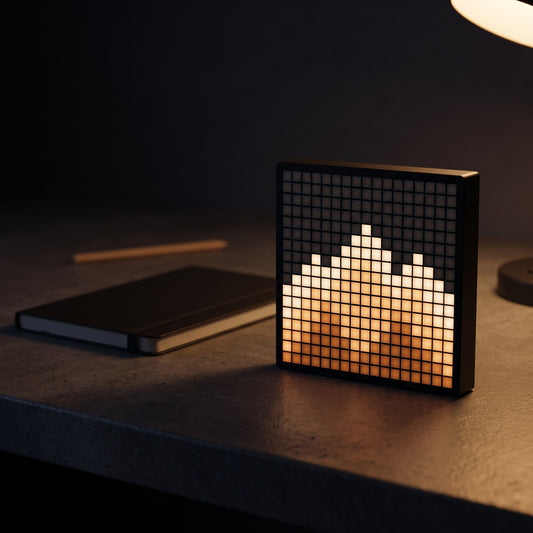 Pixel art Bluetooth display on a clean surface — LED pixel grid showing heart animation
