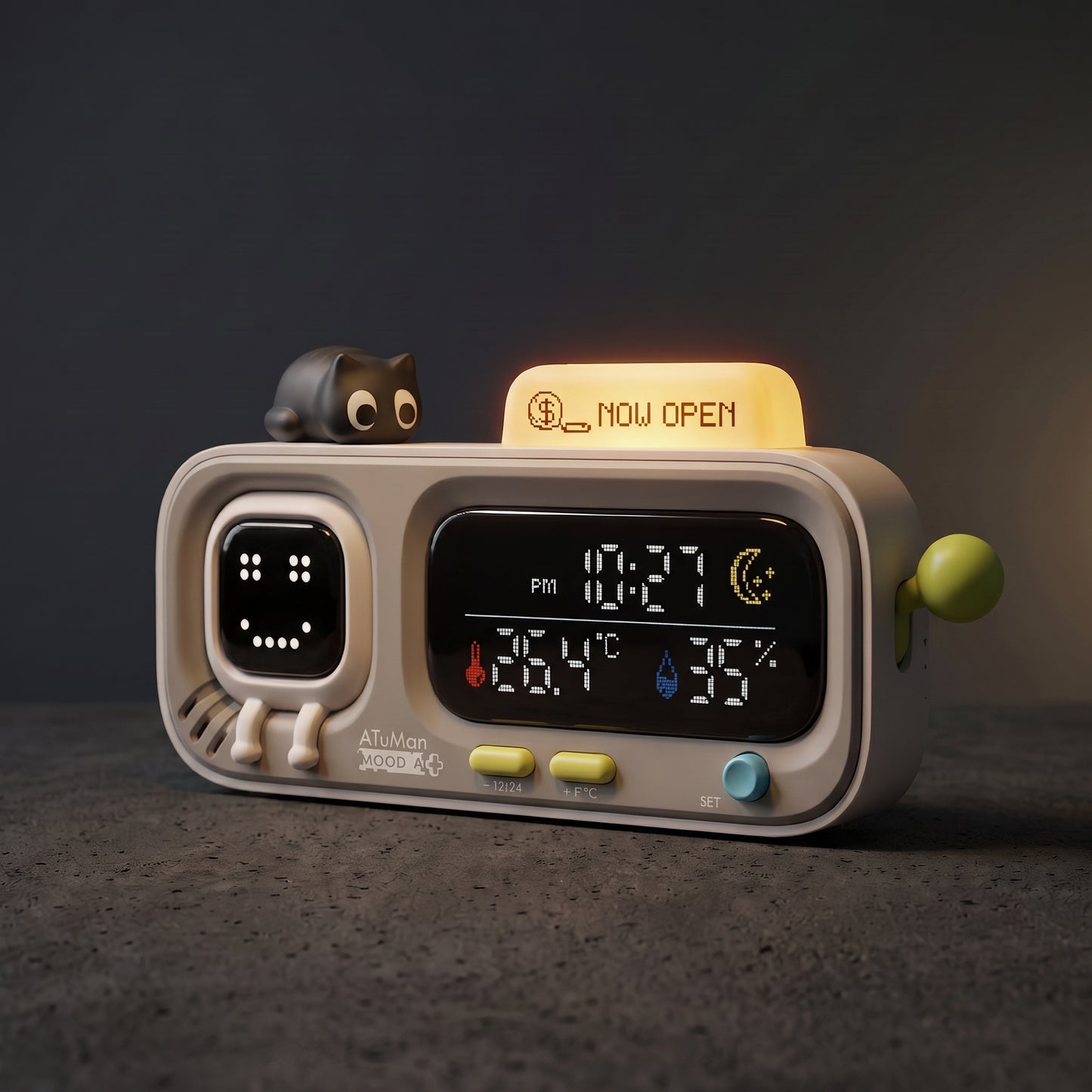 Aura smart desk clock on a minimalist desk showing time and temperature display