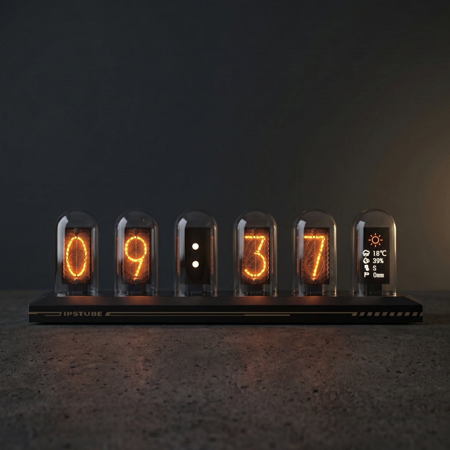 RGB Nixie tube clock on a minimalist desk — aluminum body with glowing IPS digit display