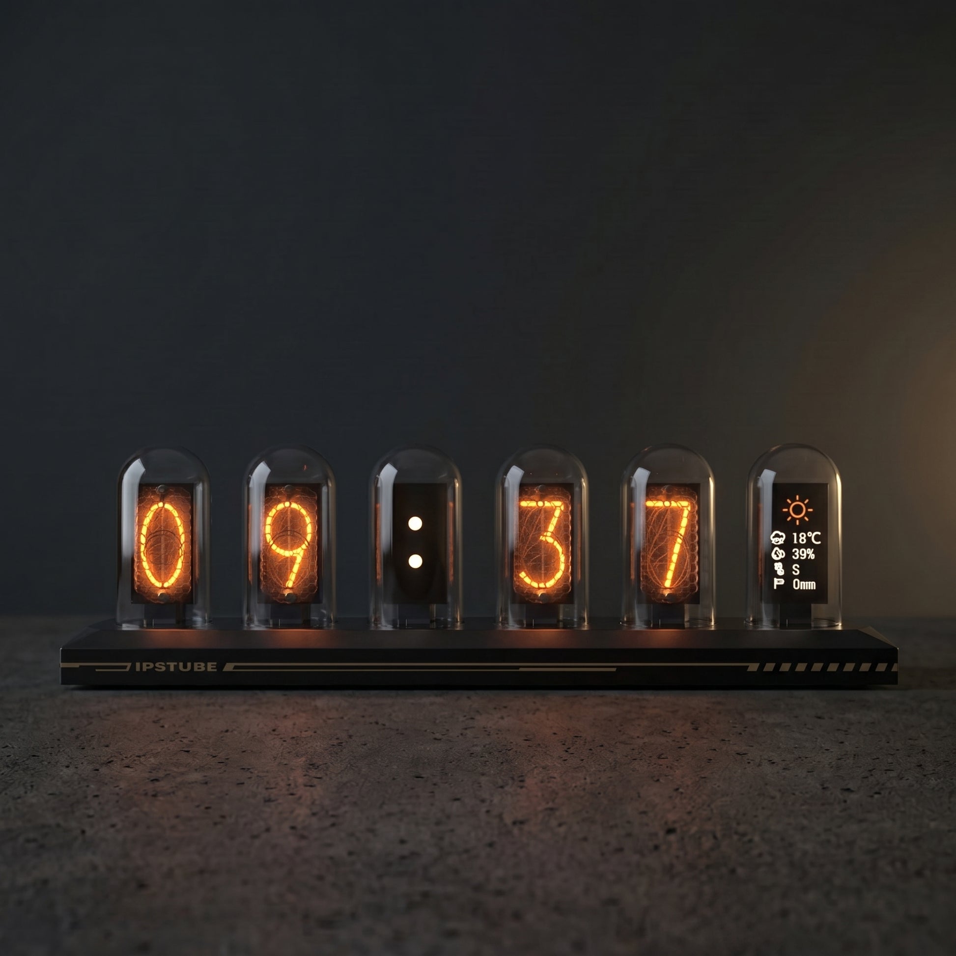 RGB Nixie tube clock on a minimalist desk — aluminum body with glowing IPS digit display