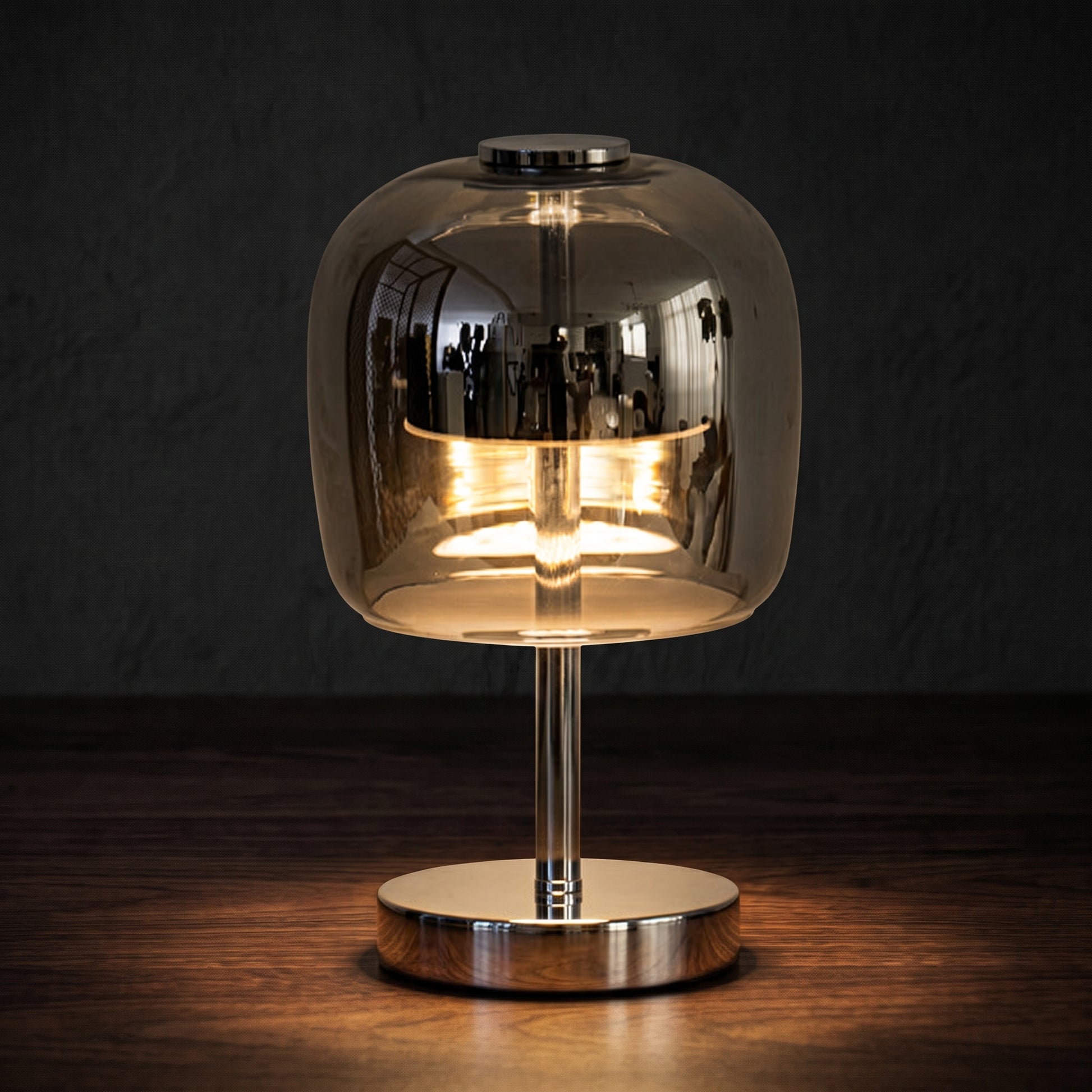 Nordic glass table lamp on a bedside table emitting soft tricolor glow