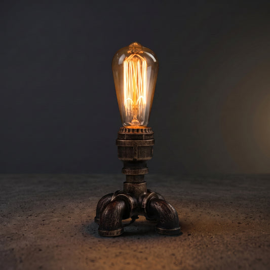 Industrial pipe desk lamp on a dark wooden desk with Edison bulb glowing warm