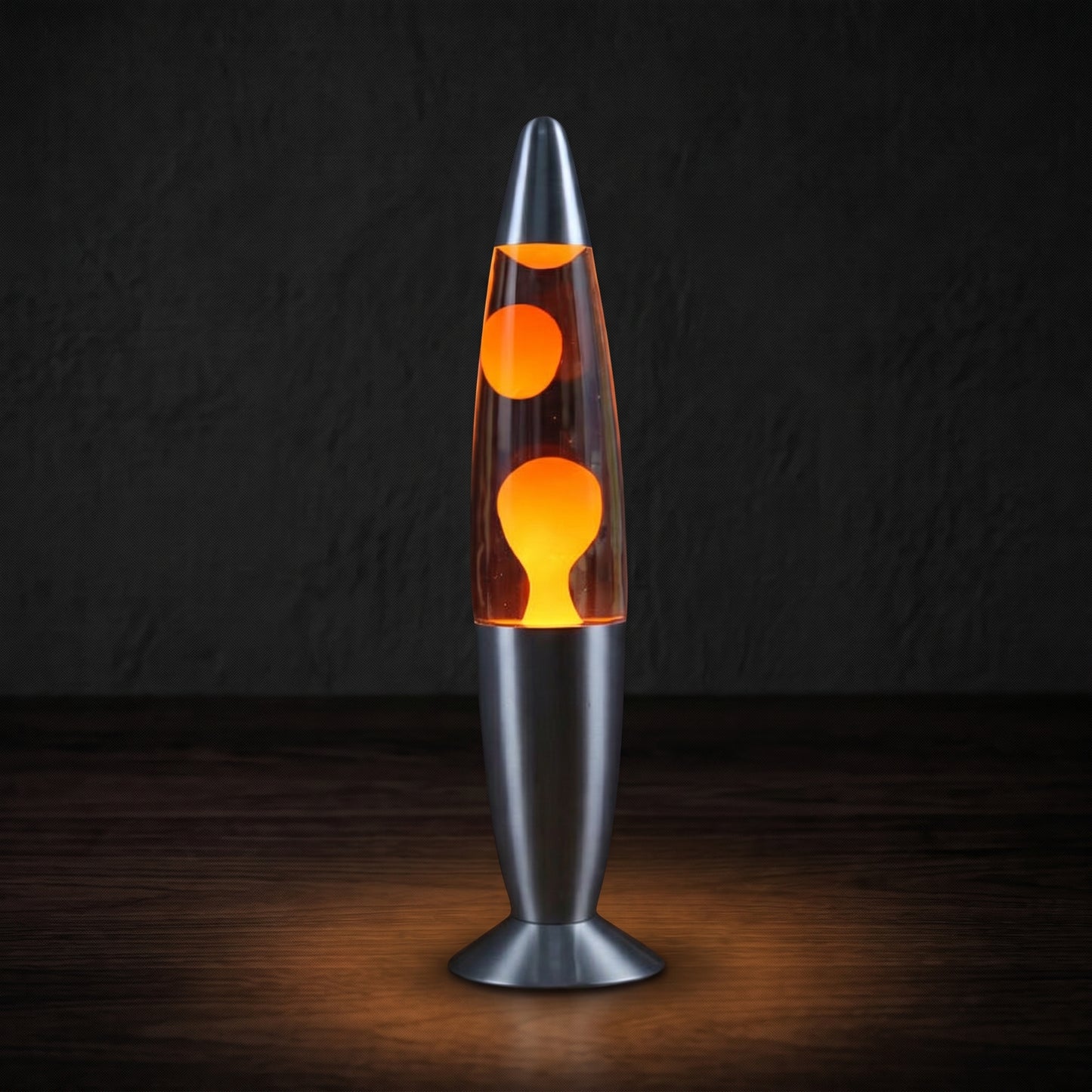 Volcano lava lamp glowing on a surface in blue — colored wax blobs slowly rising