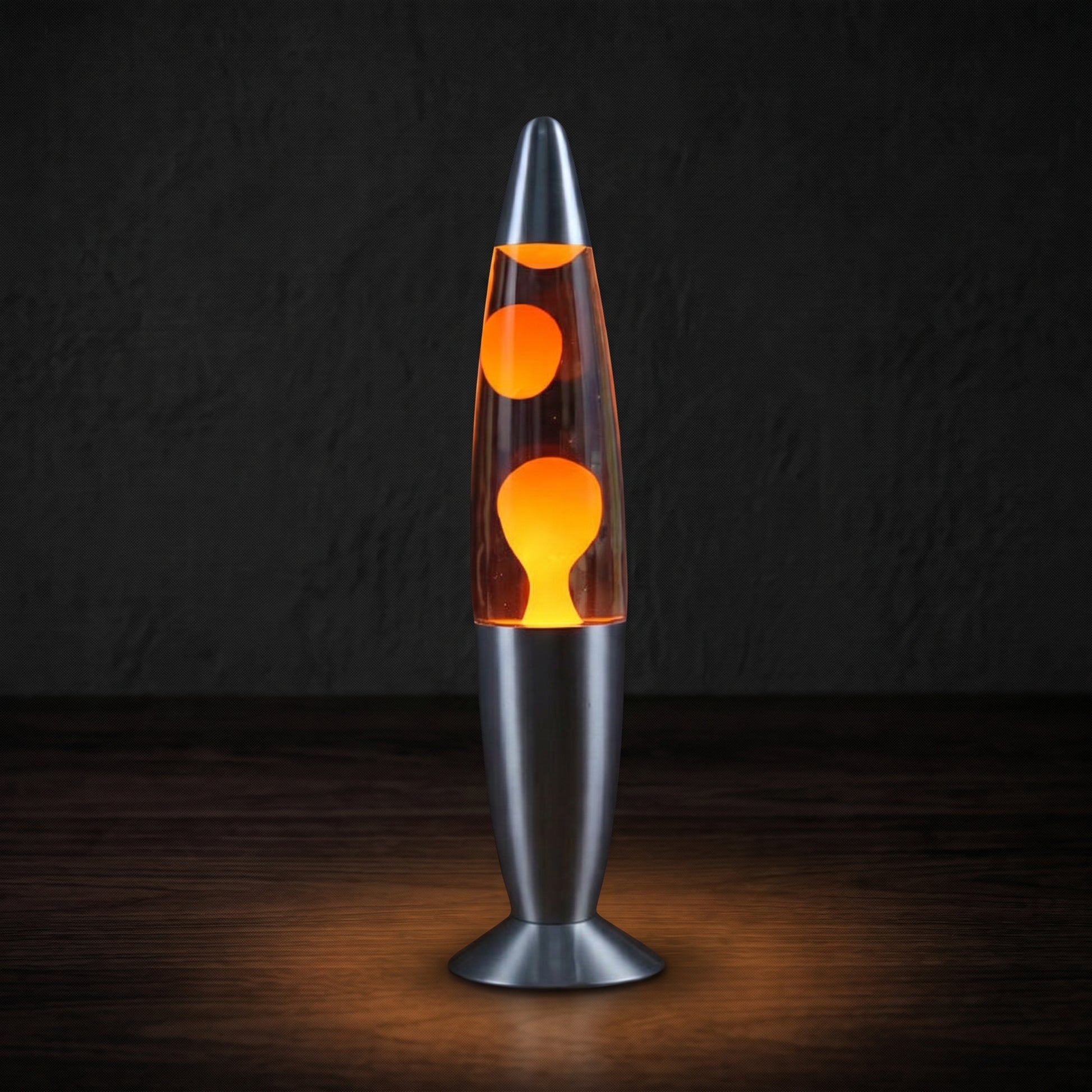 Volcano lava lamp glowing on a surface in blue — colored wax blobs slowly rising