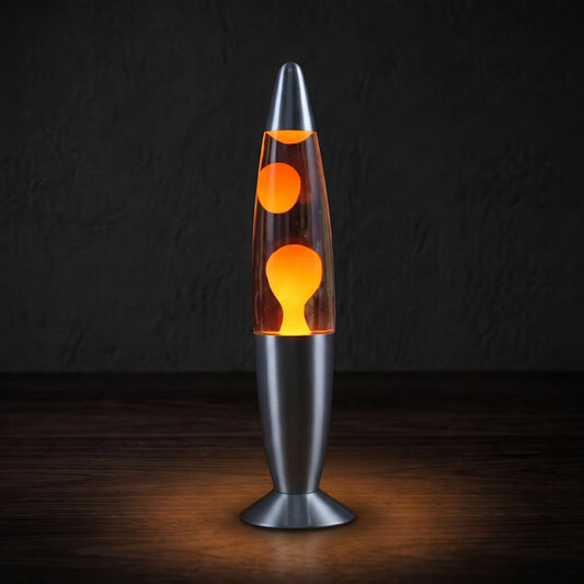 Volcano lava lamp glowing on a surface in blue — colored wax blobs slowly rising