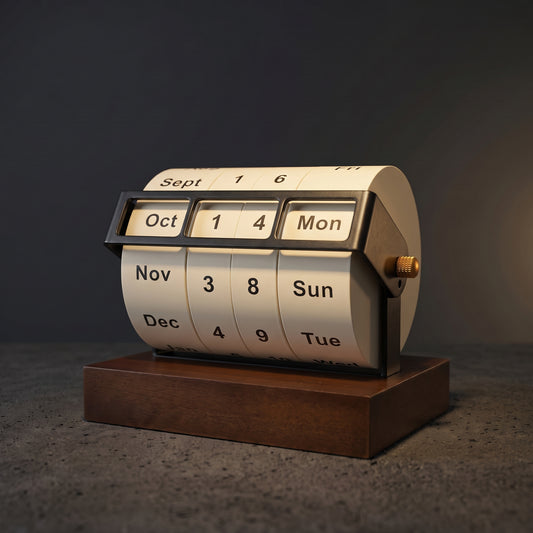 Rotating perpetual calendar on a wooden desk: three spin wheel date display