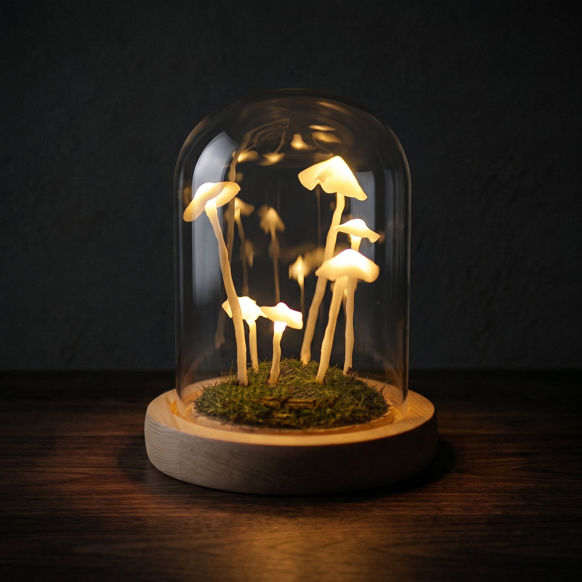 Mushroom forest terrarium night light on a wooden shelf glowing with warm white LED