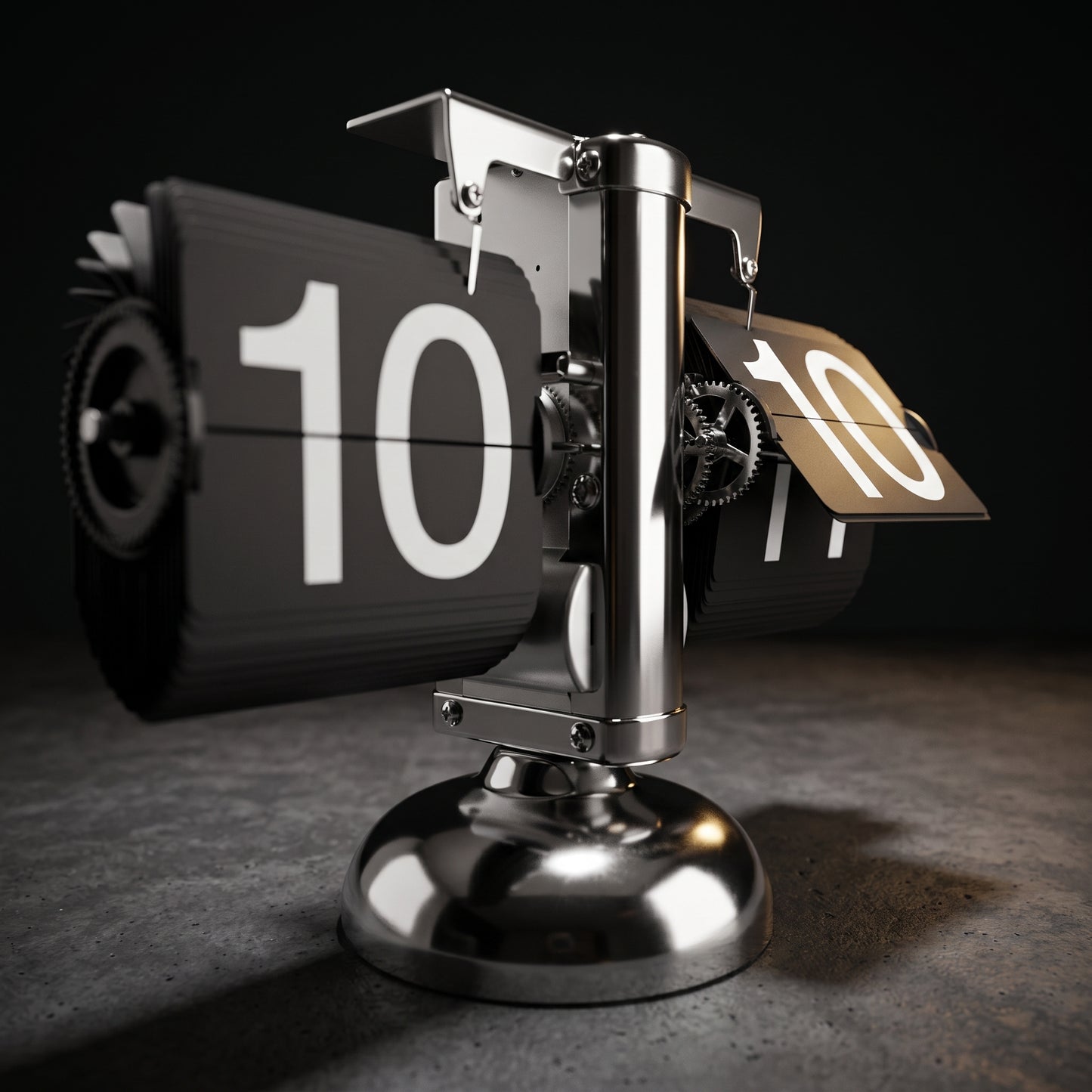 Retro flip clock angled shot — showing card mechanism and desk styling