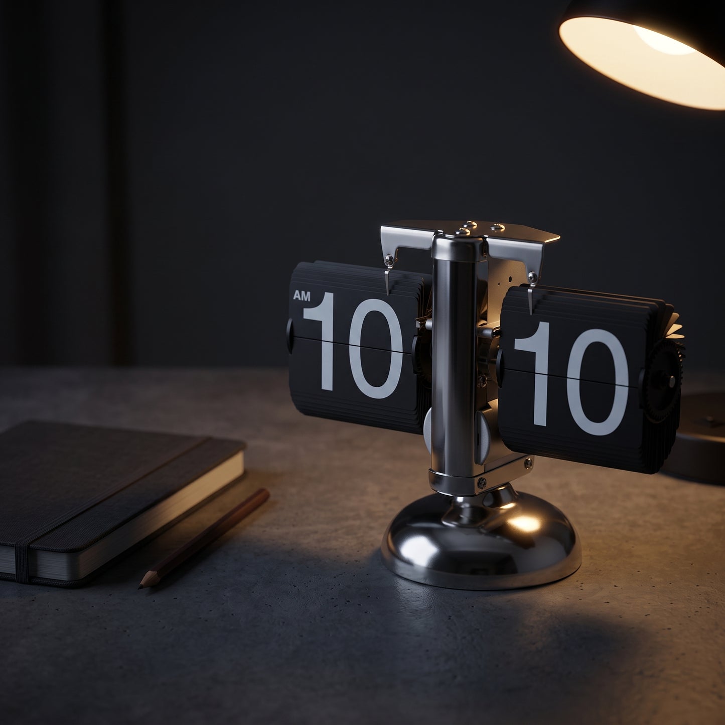 Retro chrome flip clock with silver stand — classic mechanical card flip display