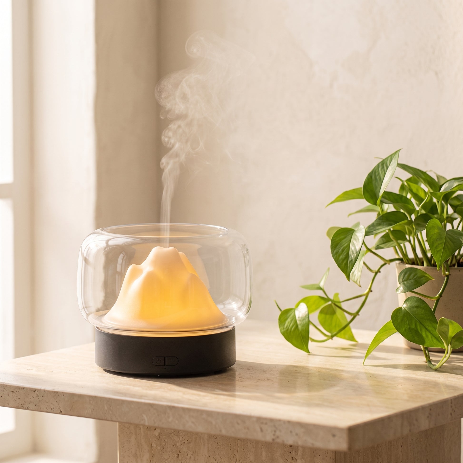 Mountain landscape aroma diffuser in blue — layered ridge design with cascading cool mist