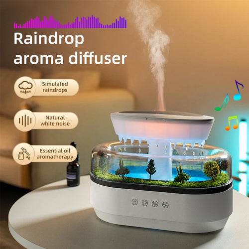 Haven& Rain Cloud Aroma Diffuser glowing blue LED on desk