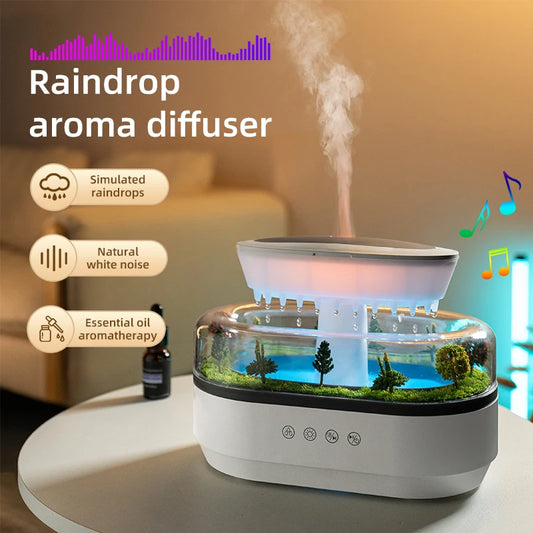 Haven& Rain Cloud Aroma Diffuser glowing blue LED on desk