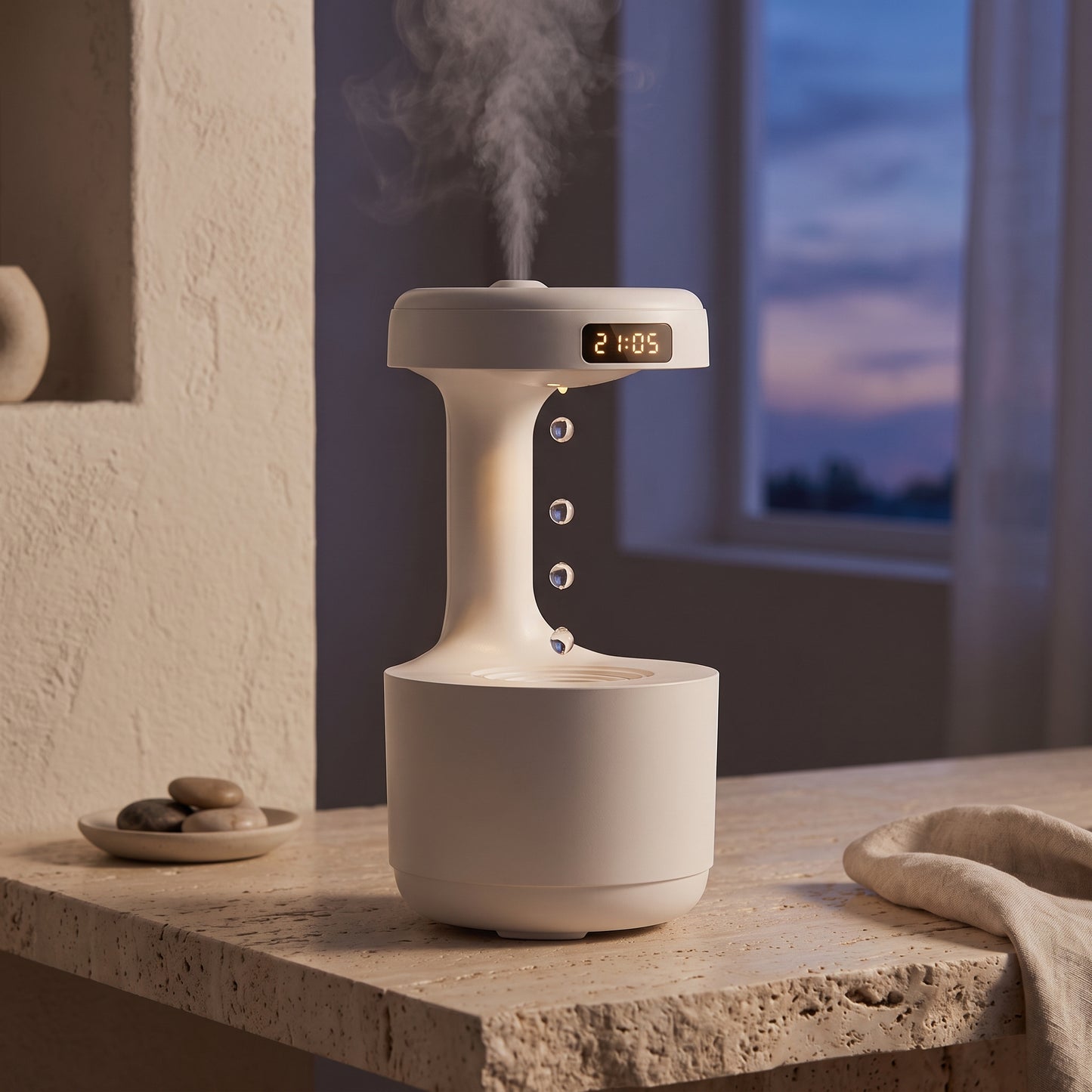Levitating mist diffuser close-up — suspended water drops with cool mist rising