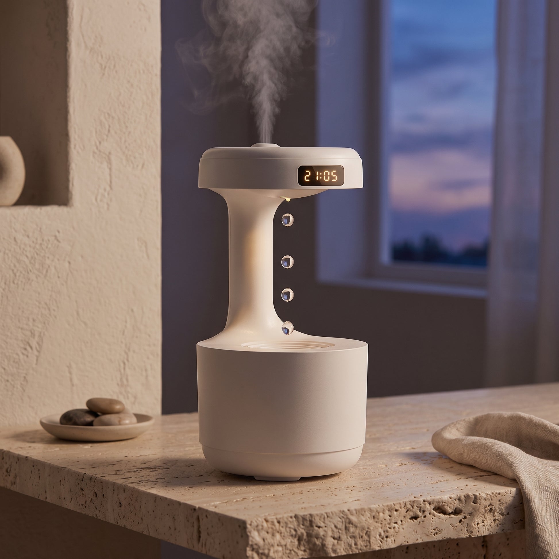 Levitating mist diffuser close-up — suspended water drops with cool mist rising