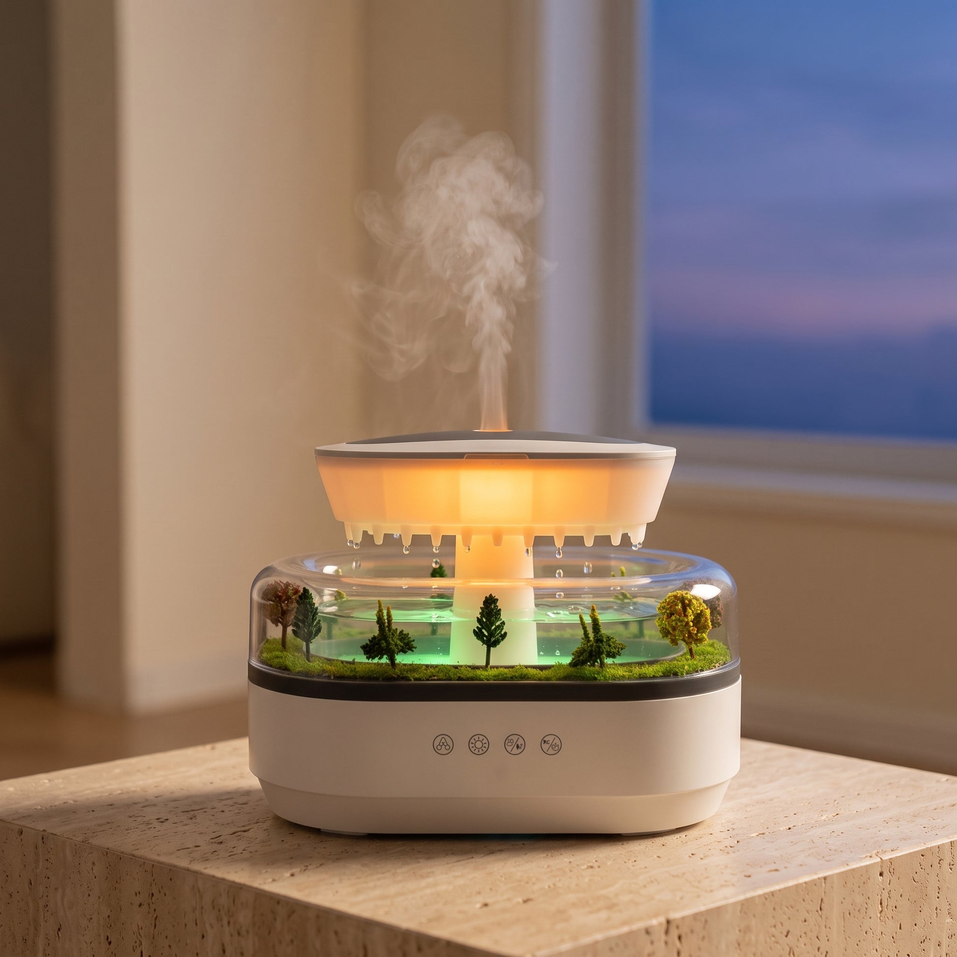 Rain cloud aroma diffuser angled view — showing mist outlet and 7-color LED base