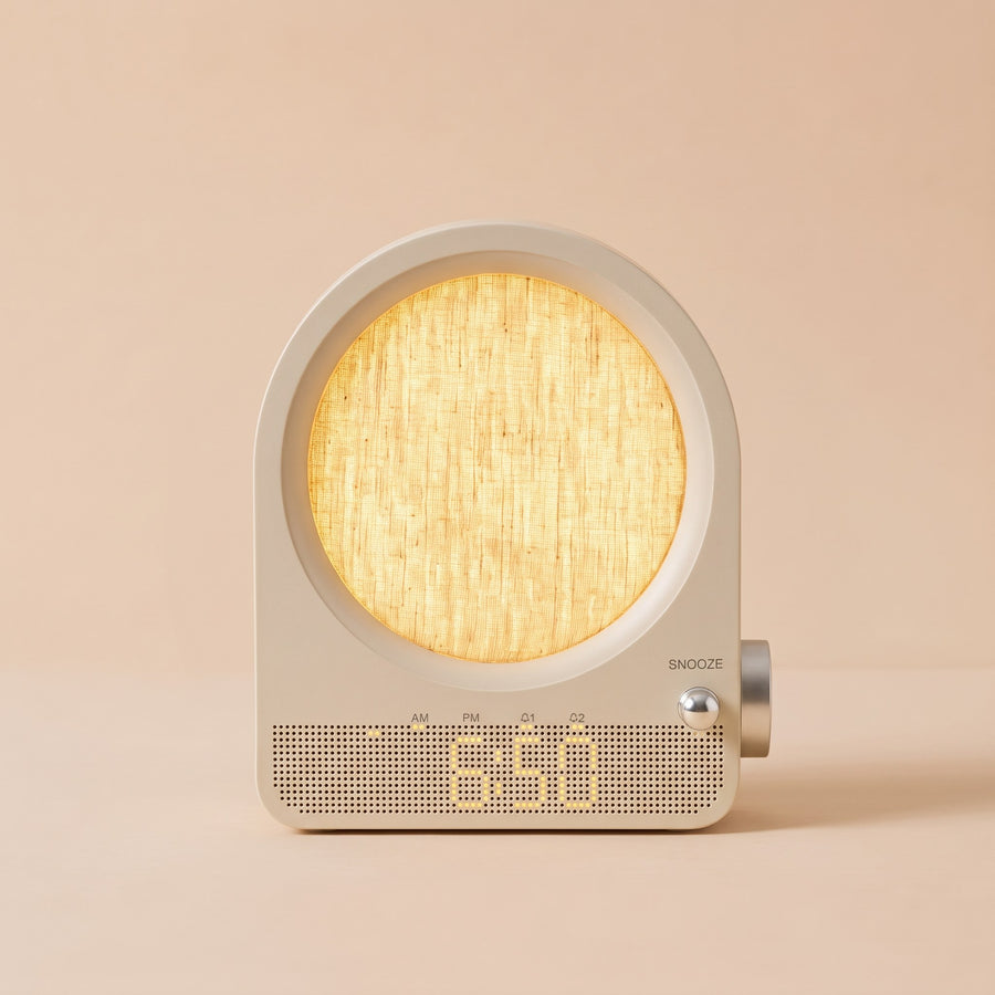 Arch Sunrise Clock with its linen circle glowing warm gold, showing 6:50 AM