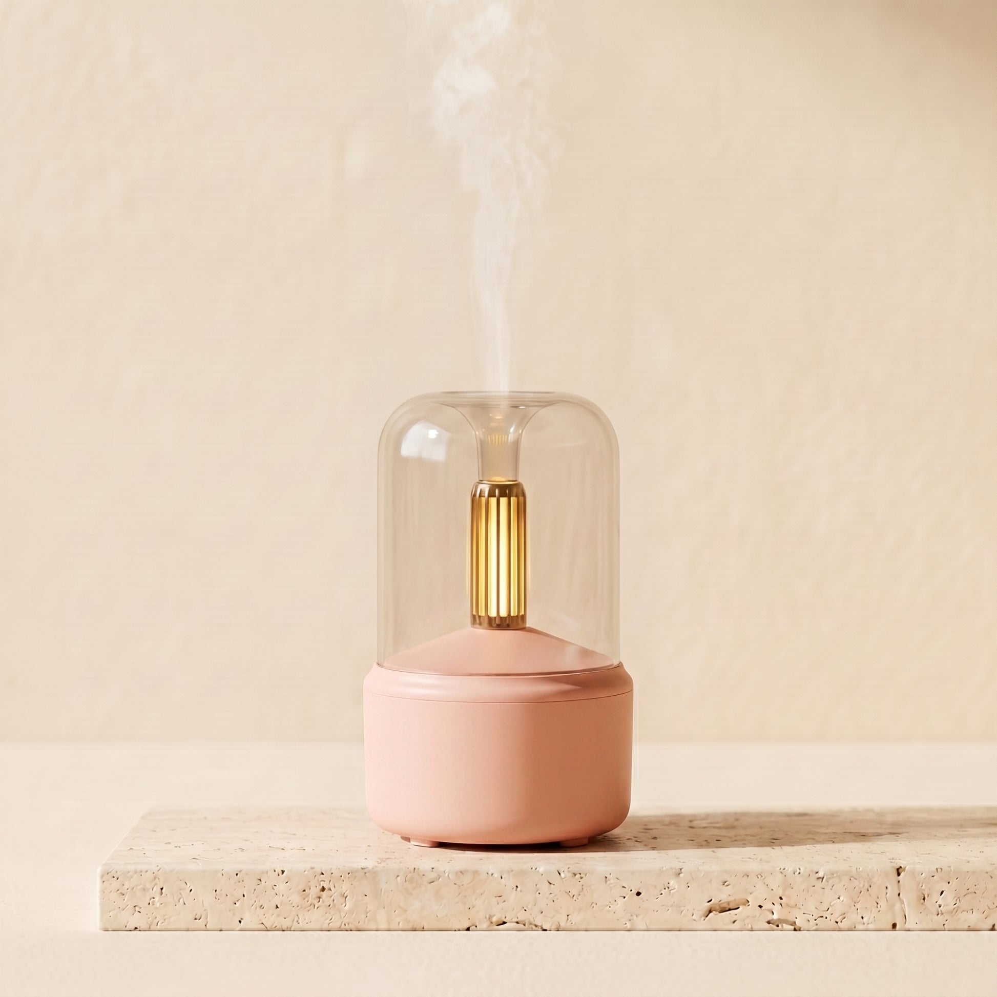 Candlelight aroma diffuser in blush pink with warm candlelight LED