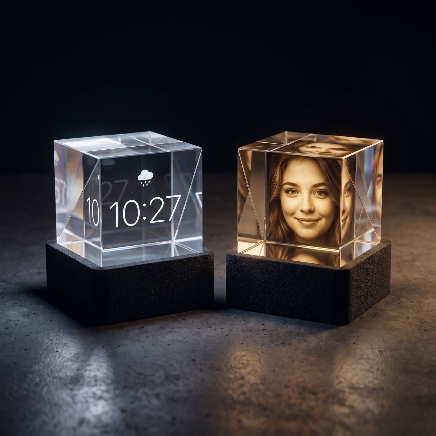 Crystal holographic smart display showing custom GIF image animation on glass screen