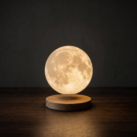 Floating moon lamp in warm amber glow — 18cm size levitating in a dark room