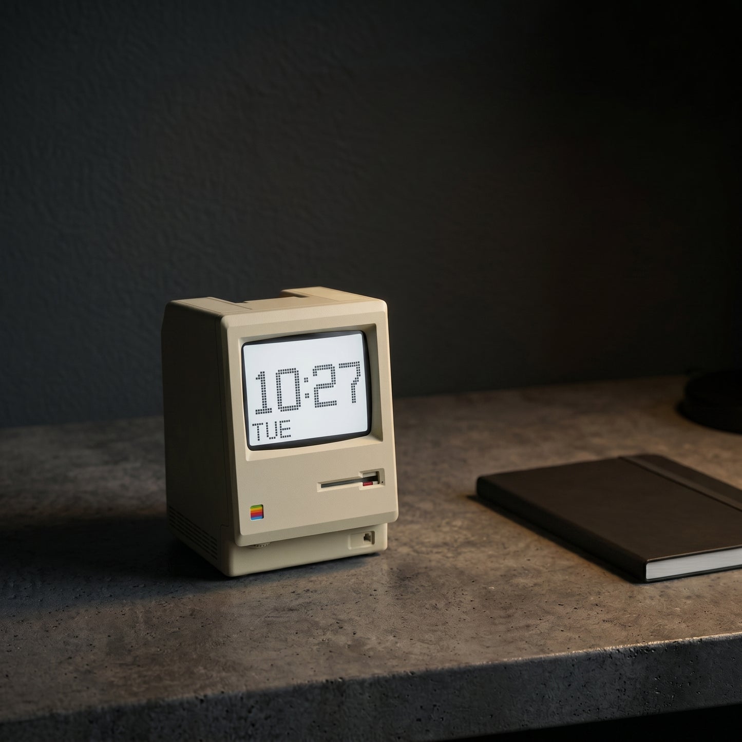 Retro keyboard desk clock in cream white — vintage Macintosh keyboard styling