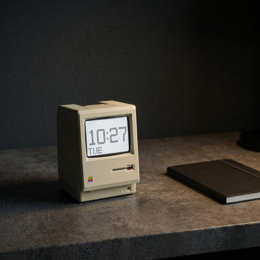 Retro keyboard desk clock in cream white — vintage Macintosh keyboard styling