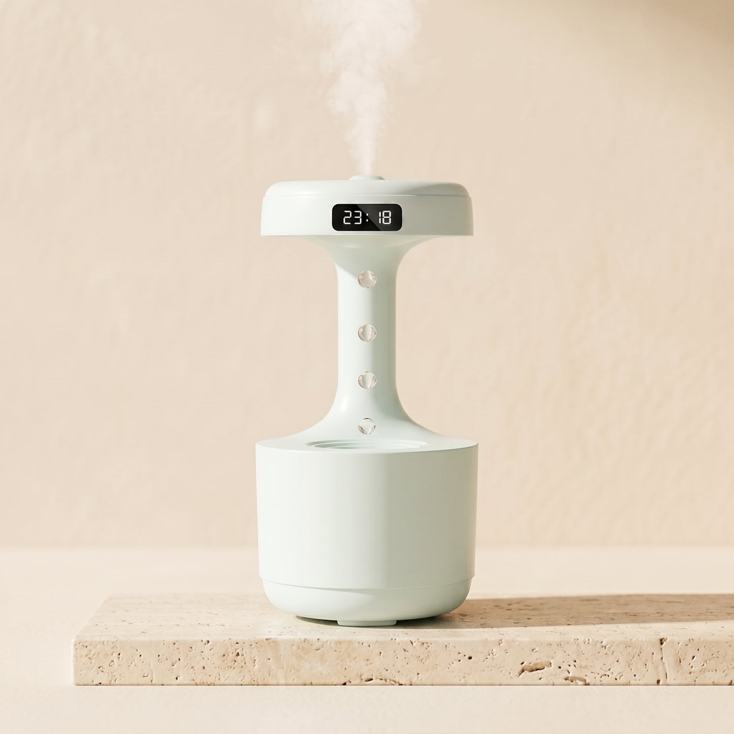 Levitating mist diffuser in light grey — minimalist finish with clock face