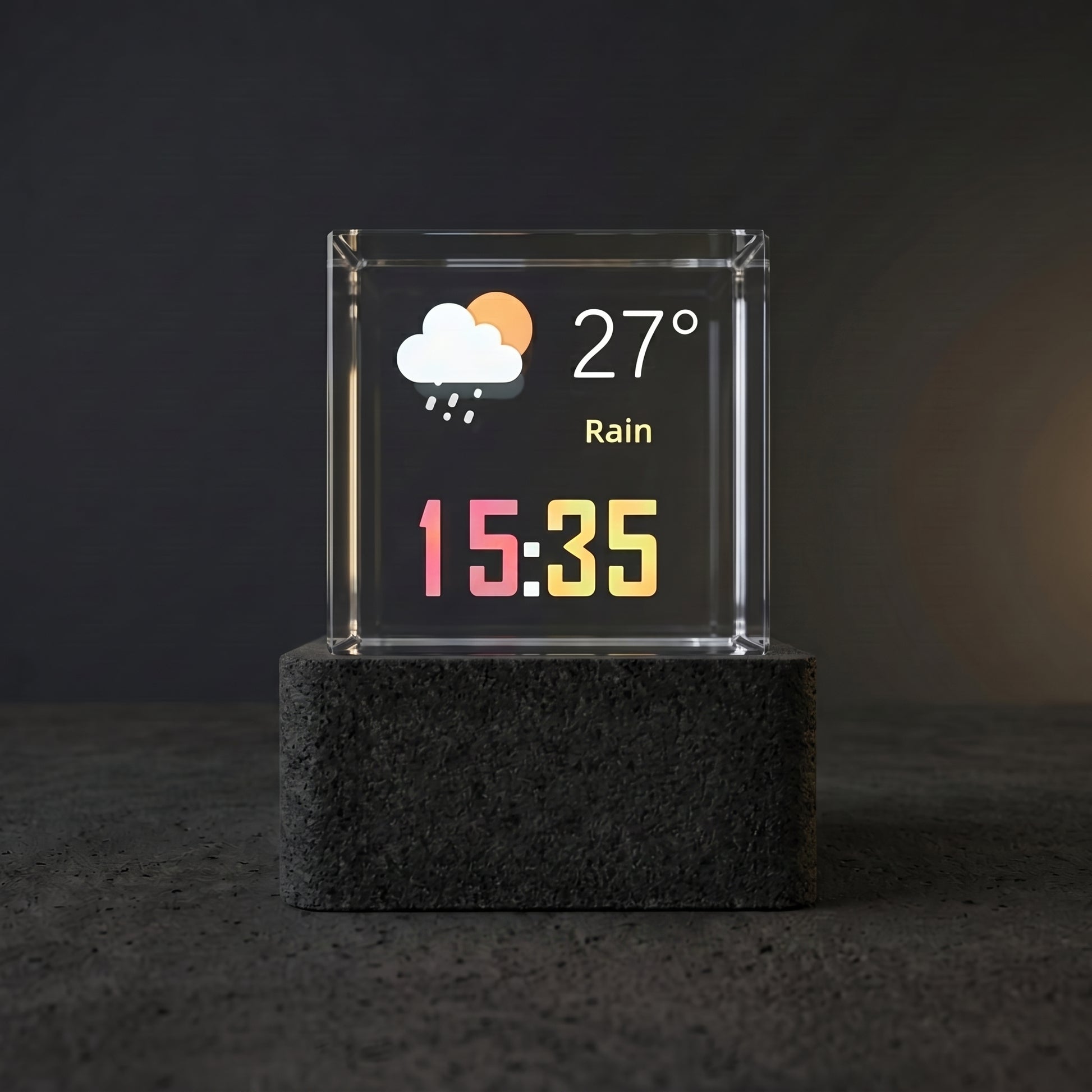 Crystal holographic smart display on a desk: transparent panel showing time and weather data