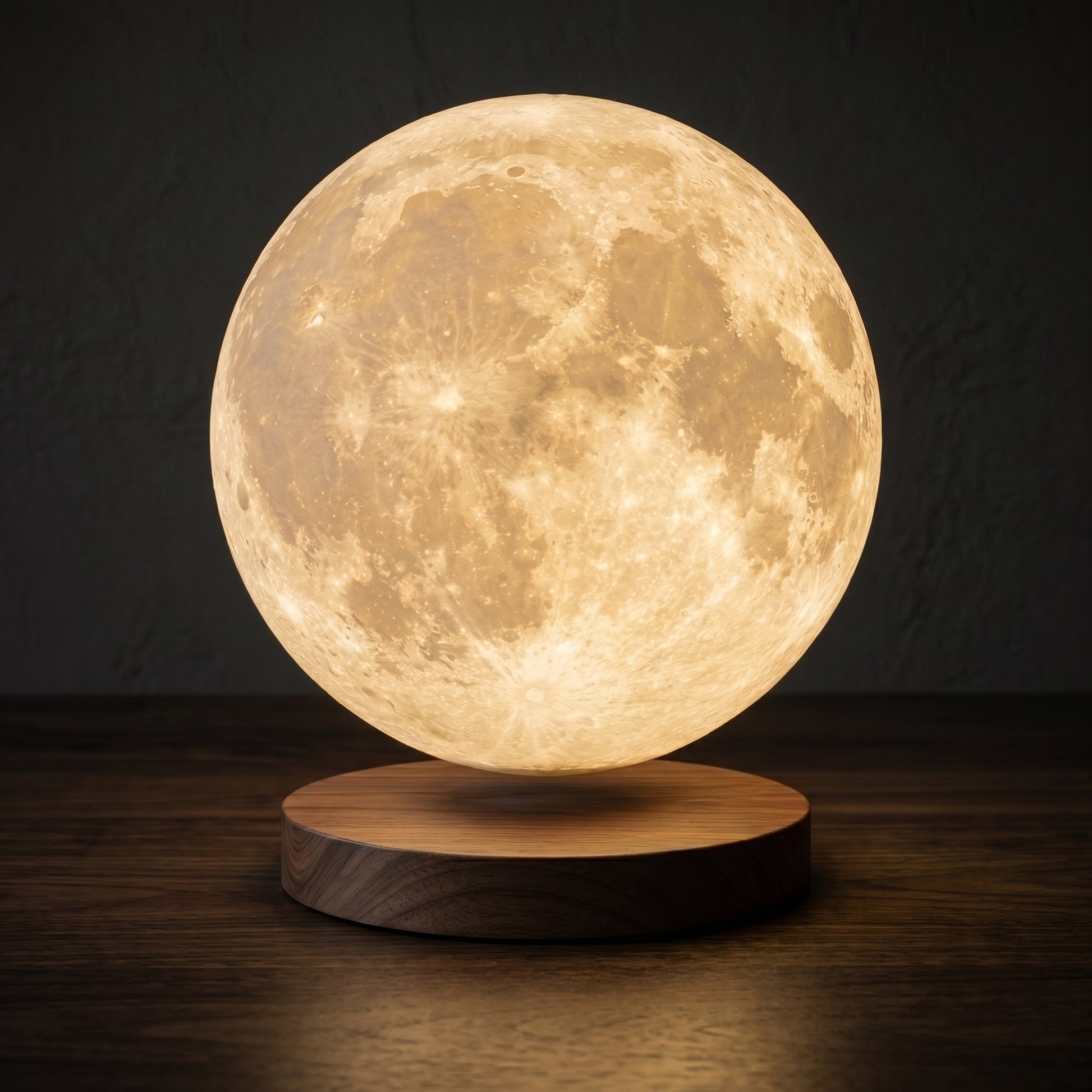 Floating moon lamp clean product shot — moon levitating above circular wooden base